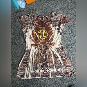 Apt. 9 Women's Short Sleeve Paisley Top - Brown, Orange, Cream